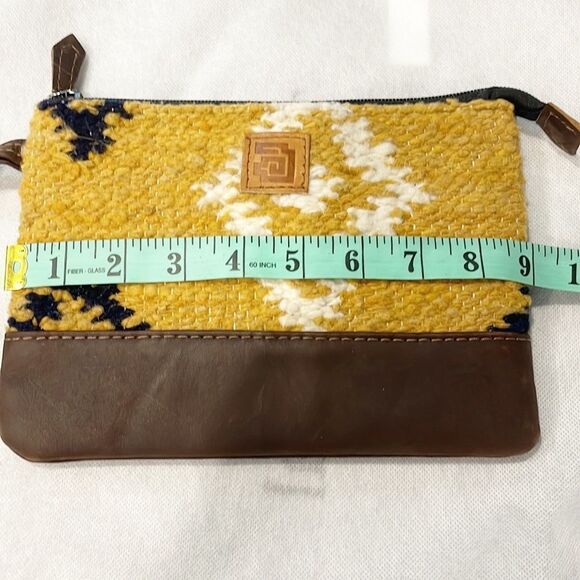 Achiote Guatemalan Goods Wool Full Grain Leather Pouch yellow Aztec - Picture 7 of 9